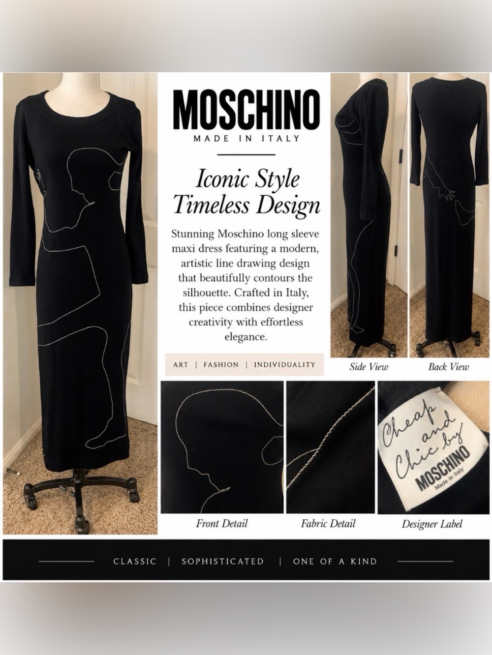 Moschino Black Long Sleeve Maxi Dress with Contour Line Art